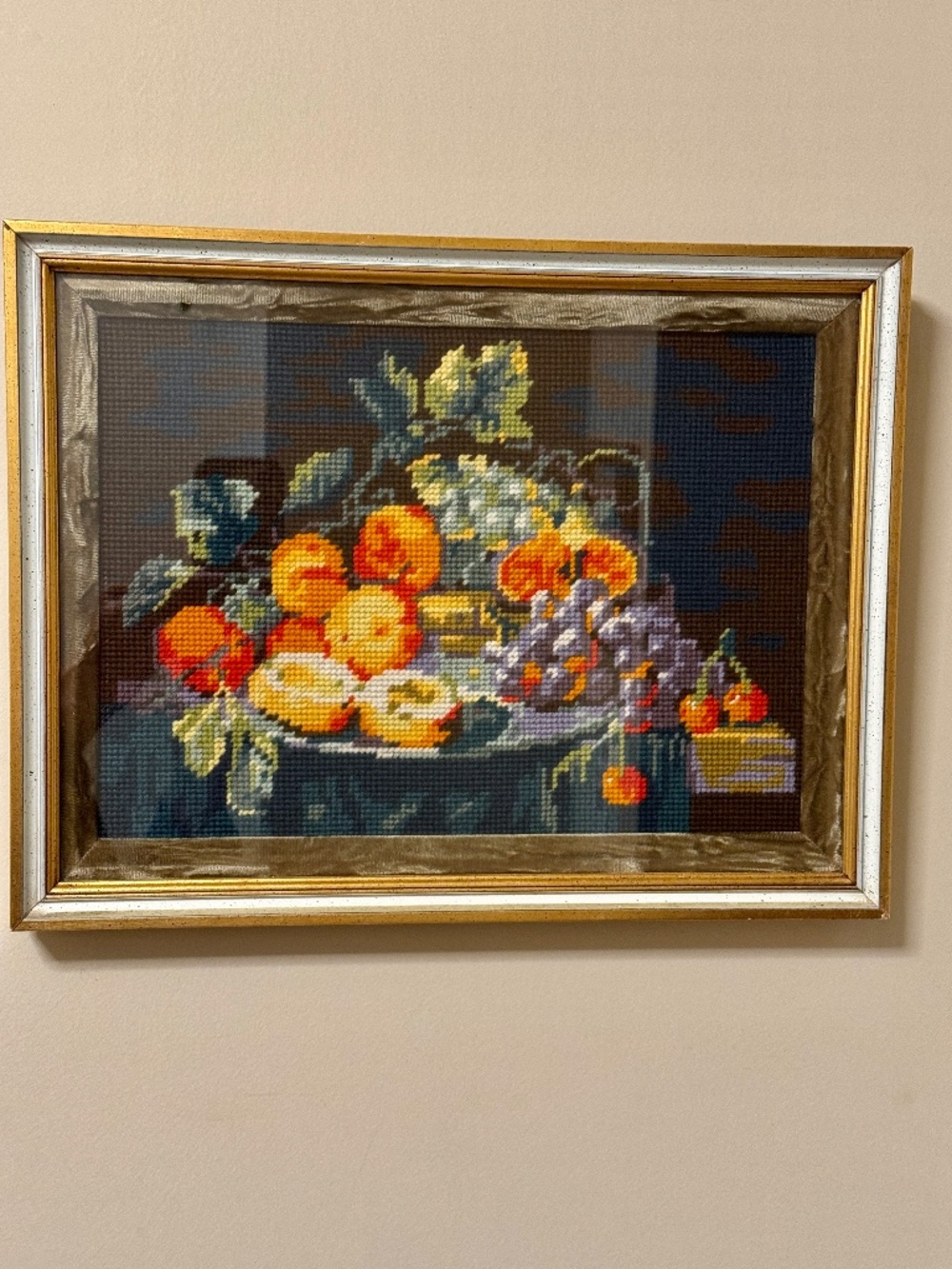 VINTAGE Needlepoint Still Life Framed Art Velvet Mat Fruit 1970s Cottagecore